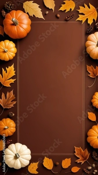 Fototapeta Fall border with pumpkins, pinecones, and colorful leaves on a blank background, ideal for autumn-themed invitations