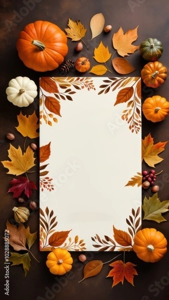 Fototapeta Fall border with pumpkins, pinecones, and colorful leaves on a blank background, ideal for autumn-themed invitations