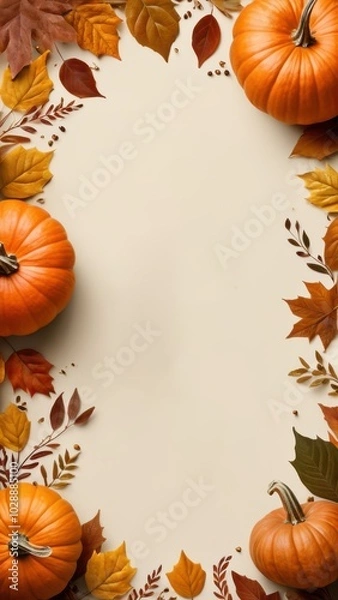 Fototapeta Fall border with pumpkins, pinecones, and colorful leaves on a blank background, ideal for autumn-themed invitations