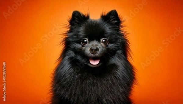 Obraz オレンジの背景の黒ポメラニアン