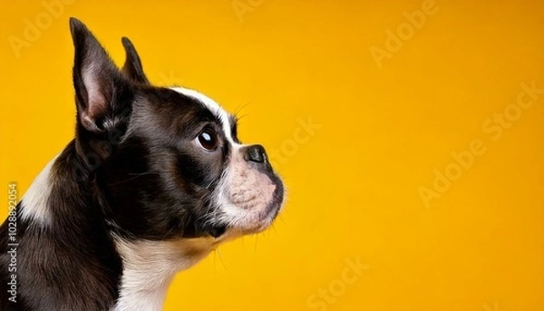 Obraz 黄色い背景のボストンテリア