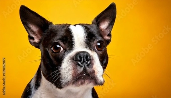 Obraz 黄色い背景のボストンテリア