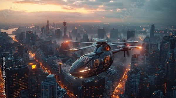 Obraz Helicopter Flying Over Cityscape