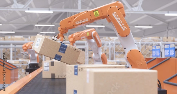 Obraz Logistics warehouse operated by robotic arms. Selection and distribution of boxes. Realistic 3D render.