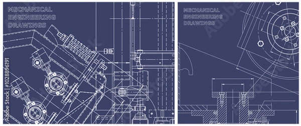 Obraz Blueprint illustration set. Engine line drawing