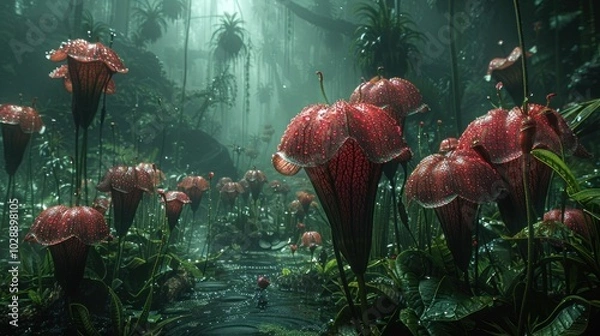 Obraz Mystical Rainforest with Dew-Covered Flowers
