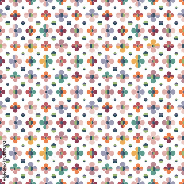 Fototapeta Summer abstract seamless vector pattern with stylised flowers and polka dots. Decorative geometric floral grid texture for wallpaper, prints, fashion fabrics and home decor.