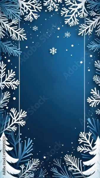 Fototapeta Elegant winter frame with paper-cut snowflakes and trees on a dark blue background, perfect for holiday and seasonal designs