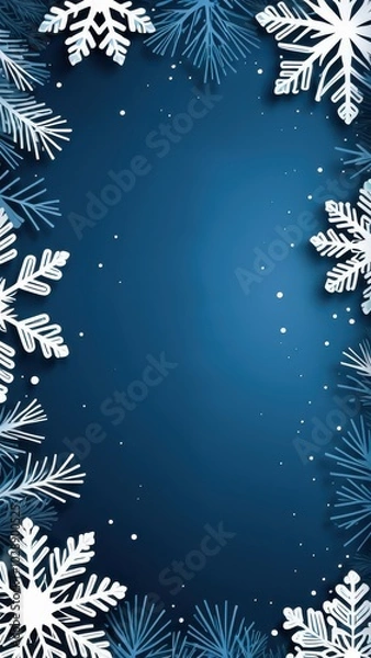 Fototapeta Elegant winter frame with paper-cut snowflakes and trees on a dark blue background, perfect for holiday and seasonal designs