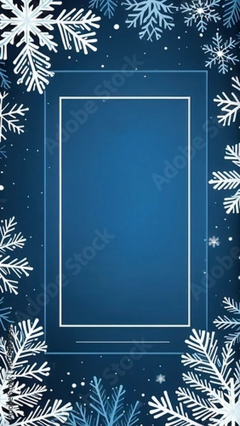 Fototapeta Elegant winter frame with paper-cut snowflakes and trees on a dark blue background, perfect for holiday and seasonal designs