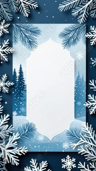 Fototapeta Elegant winter frame with paper-cut snowflakes and trees on a dark blue background, perfect for holiday and seasonal designs