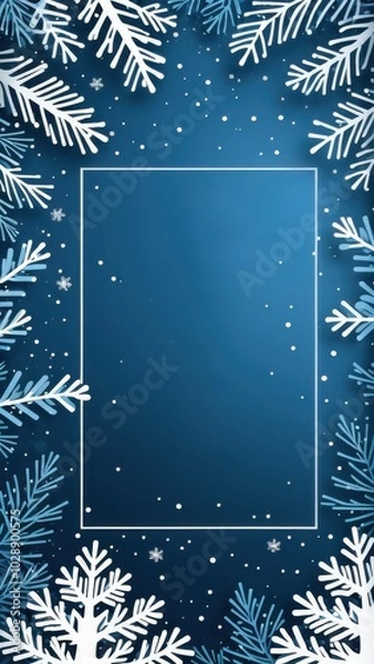Fototapeta Elegant winter frame with paper-cut snowflakes and trees on a dark blue background, perfect for holiday and seasonal designs