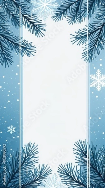 Fototapeta Elegant winter frame with paper-cut snowflakes and trees on a dark blue background, perfect for holiday and seasonal designs