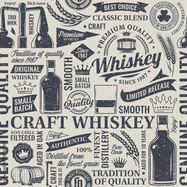 Fototapeta Retro styled whiskey seamless pattern or background. Whiskey and distilling company icons, branding and identity design elements