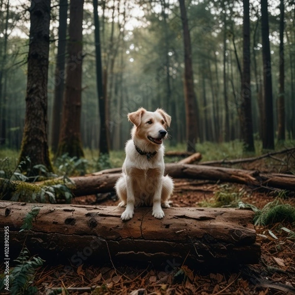 Fototapeta A white and brown dog sits on a fallen log in a forest.