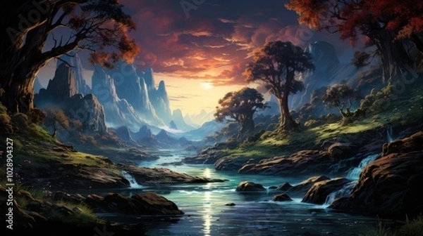 Obraz Peaceful Sunset River in the Mountains