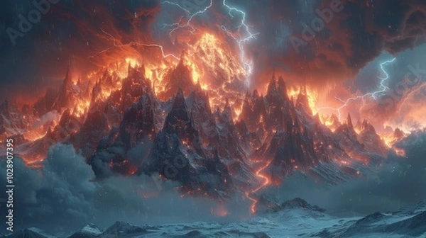 Obraz Volcanic Mountain Range with Lightning Storm