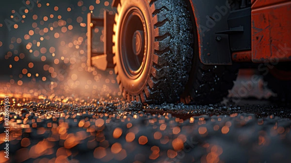 Fototapeta Closeup of industrial forklift tire on gravel surface, showcasing rugged texture and vibrant bokeh effect in background. image captures essence of heavy machinery in action