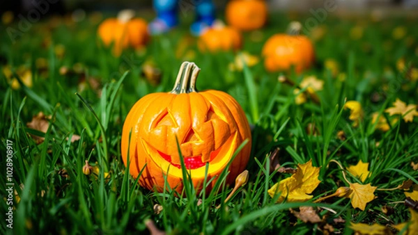 Obraz smiling pumpkin rests on a patch autumn grass