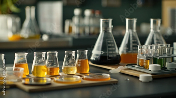 Fototapeta Laboratory equipment and glassware filled with colorful liquids are arranged on table, showcasing vibrant science experiment in progress. atmosphere is focused and dynamic