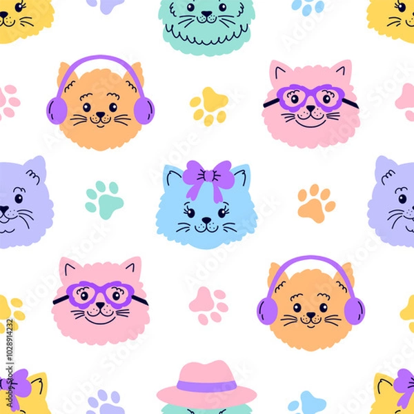 Fototapeta Seamless pattern with  cat faces  and paws  on white background.