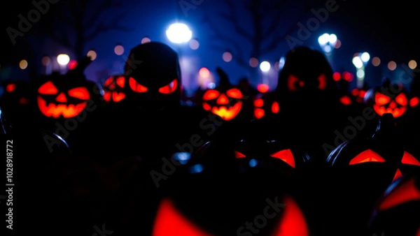 Fototapeta glowing jack-o'-lanterns the dark