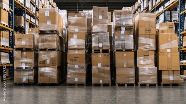 Obraz Warehouse with stacked pallets of cardboard boxes wrapped in plastic, organized in tall shelving units, industrial storage environment.