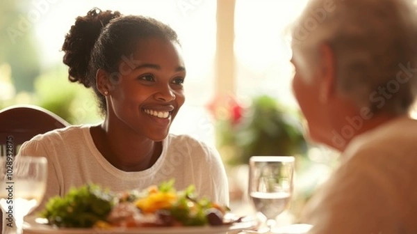 Fototapeta Young Black woman assisting an elderly female patient during dinner at a nursing home. Warm background with ample copy space.