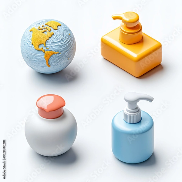 Fototapeta 3D Icon Set for Global Handwashing Day: Globe, Handwash, and Germs Symbols in a Clean, Modern Design