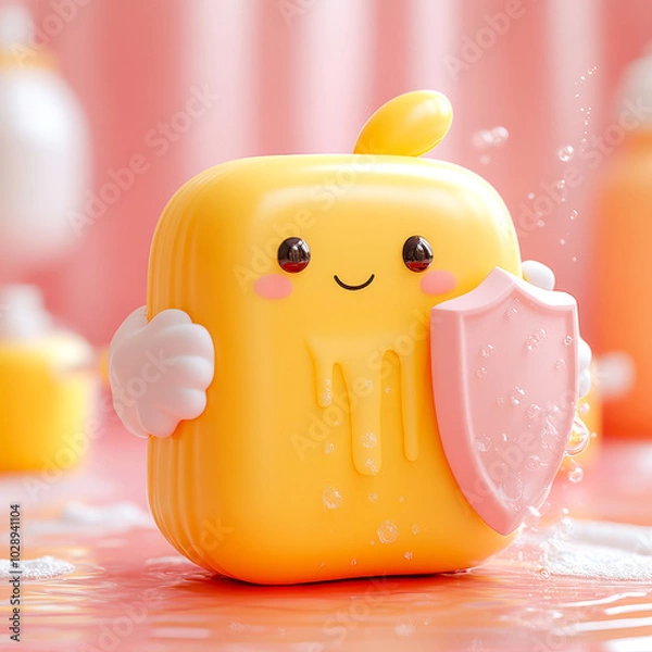 Fototapeta 3D icon character a yellow and orange soap dispenser with a face on it 