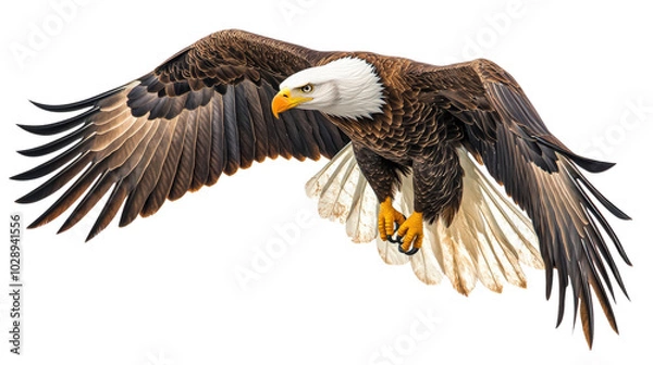 Fototapeta Majestic bald eagle soaring with wings extended, capturing the essence of freedom and strength in flight against a clear sky.