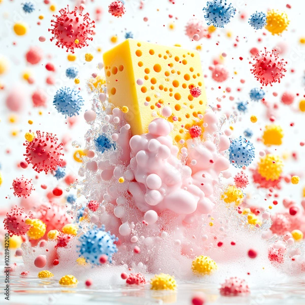 Fototapeta Creative 3D Icon Bundle Featuring a Bar of Soap with Bubbles and Germs for Hygiene Awareness