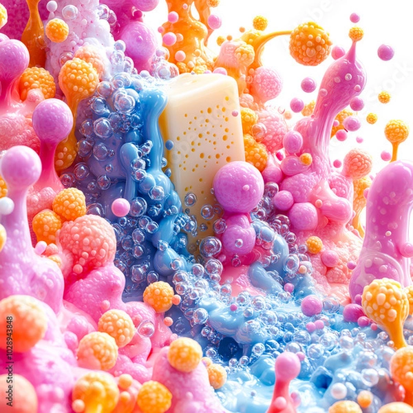 Fototapeta Creative 3D Icon Bundle Featuring a Bar of Soap with Bubbles and Germs for Hygiene Awareness