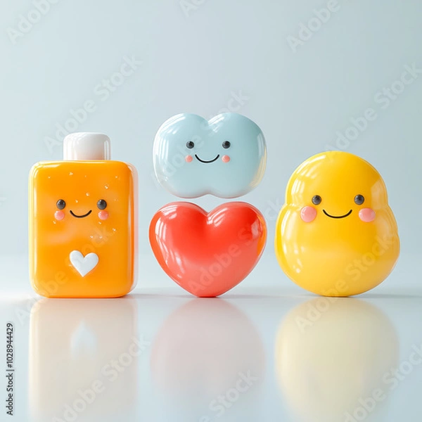 Fototapeta 3D icon of three bottles of different colors with one that says happy face