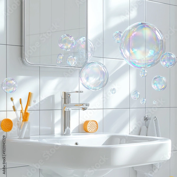 Fototapeta 3D Washroom Scene with Floating Soap Bubbles for a Clean and Fresh Ambience