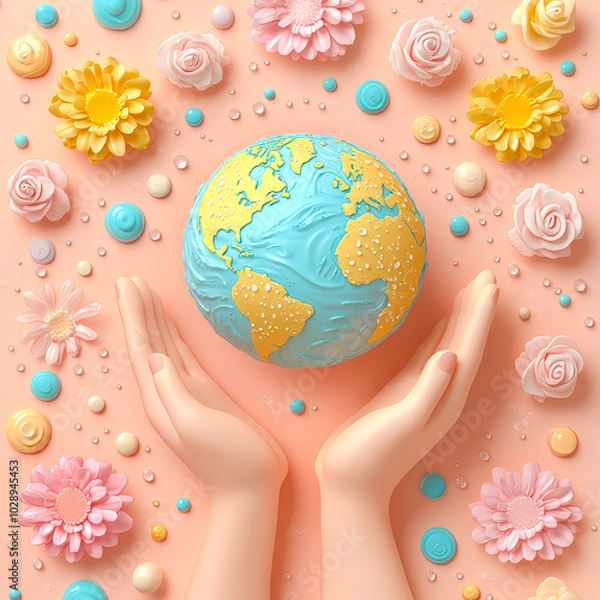 Fototapeta Illustration for Global Handwashing Day: Hands Safeguarding the Globe with Flowers in the Background