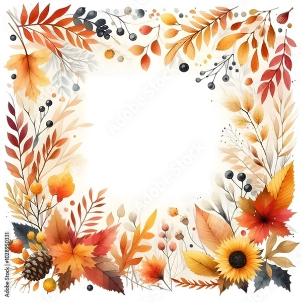 Fototapeta Autumn-themed square border watercolor painting with a white background, an autumn color palette