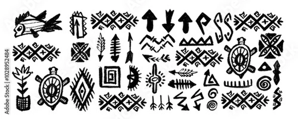 Fototapeta Set with african, aztec pattern  elements, symbols, icons, hand-drawn in doodle style. Set of abstract african tribal geometric shapes, ancient ethnic traditional symbols and ornate signs.