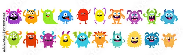 Fototapeta Monster set line. Colorful silhouette monsters. Happy Halloween. Cute kawaii cartoon funny boo character. Different face. Teeth, eyes, horns, hands. Childish style. Flat design White background Vector