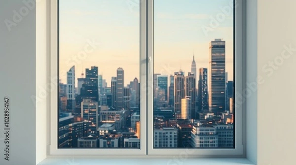 Fototapeta Cityscape Through the Window: Inside a room, a window offers a view of the modern city's large, detailed buildings. The city looks impressive both day and night. High resolution Illustration, in the