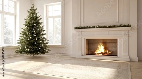 Fototapeta Christmas tree standing beside a fireplace in an empty room with white rug in front. High-quality photography and photorealistic rendering capture the serene holiday setting.