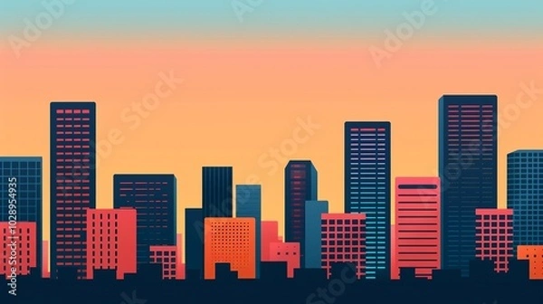 Fototapeta Room with Urban View: Through the window, admire a cityscape of large, detailed buildings. The modern city's charm is visible, radiating beauty both day and night. High resolution Illustration, in
