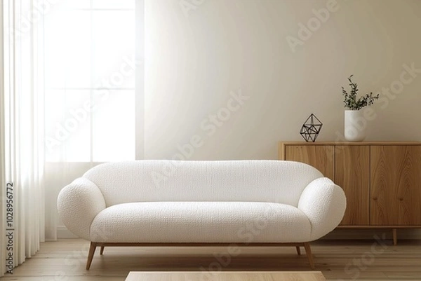 Fototapeta Minimalist, contemporary Scandinavian interiors in the living room with windows and white sofas and wood cabinet. Generative AI
