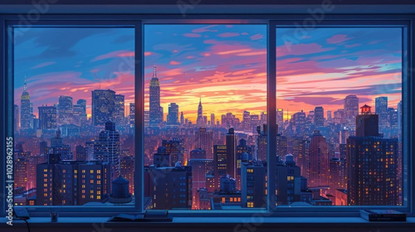 Fototapeta The window view from inside the room reveals a cityscape of modern, intricate buildings, offering a stunning panorama both during the vibrant day and the illuminated night. High resolution