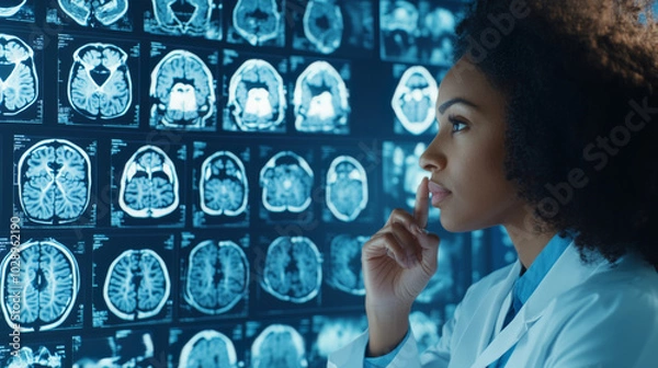 Fototapeta A focused medical professional examines brain scans, showcasing thoughtful expression while analyzing intricate details of images. This scene highlights importance of careful observation in healthcare