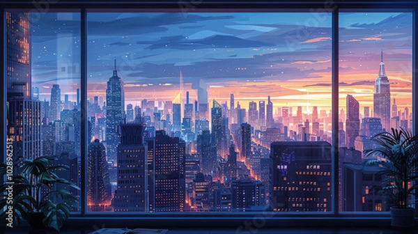 Fototapeta Through the window from inside the room, the cityscape is a sight to behold, with large, intricate buildings that are modern and beautiful both day and night. High resolution Illustration, in the