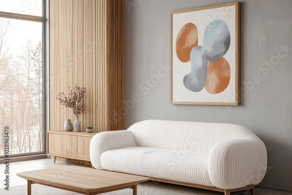 Fototapeta Minimalist, a modern Scandinavian interior in a living room with an af frame hanging on the wall from wood and a sofa and wood cabinet. Generative AI
