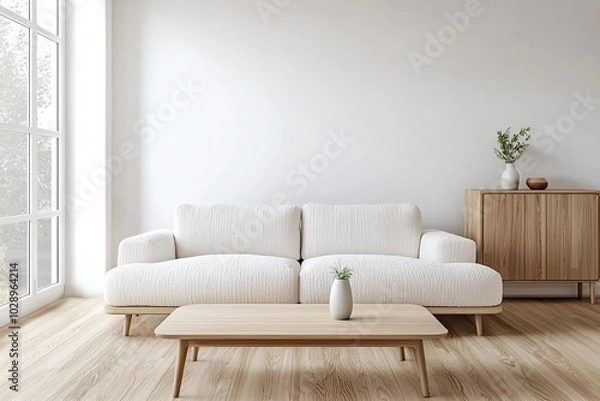 Fototapeta Minimalist, modern Scandinavian interiors in the living room with windows and sofas and wood cabinets. Generative AI
