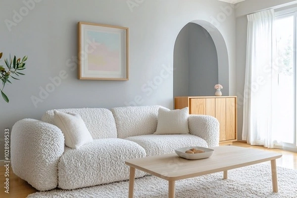 Fototapeta Minimalist, contemporary Scandinavian interiors in the living room with art frames hanging on the wall and sofas and wood cabinets. Generative AI
