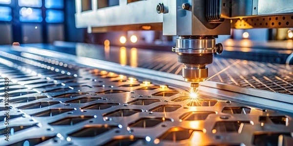 Fototapeta High Precision Laser Cutting of Metal Sheets in Industrial Factory Settings